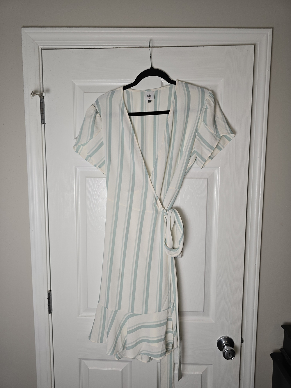 Cabi Women's Mint Green and White Striped Wrap Mini Dress Size Small